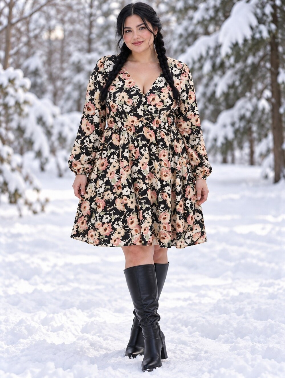 TORRID Floral V-Neck Long Sleeve Dress in Cream and Pink